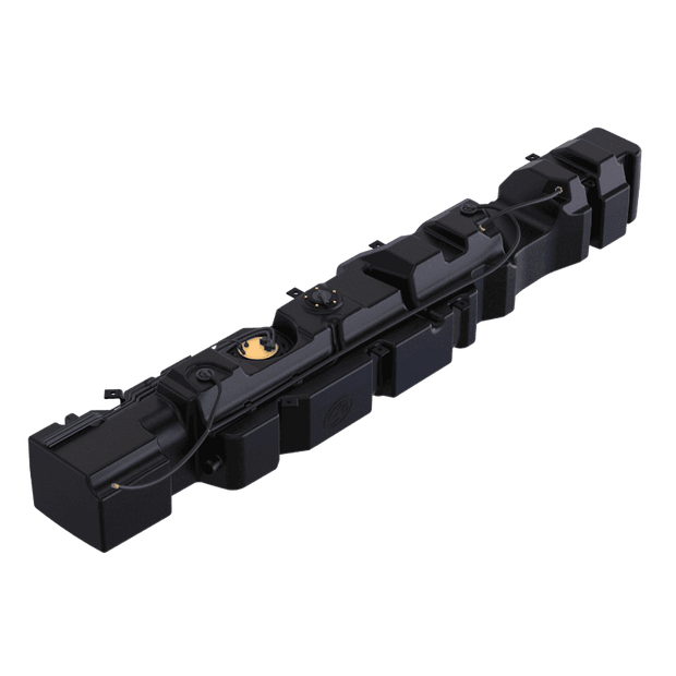A black 47 gallon replacement fuel tank for Mercedes Sprinter vans.