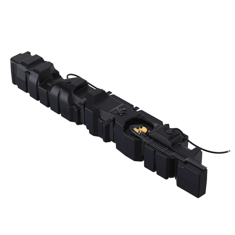 A black 45 gallon replacement fuel tank for Mercedes Sprinter vans.