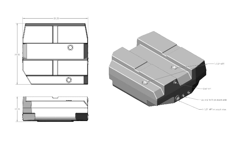 Diagram of an 37 Gallon Spare Tire Replacement Fresh Water Tank 2007-2025 Mercedes Sprinter 144