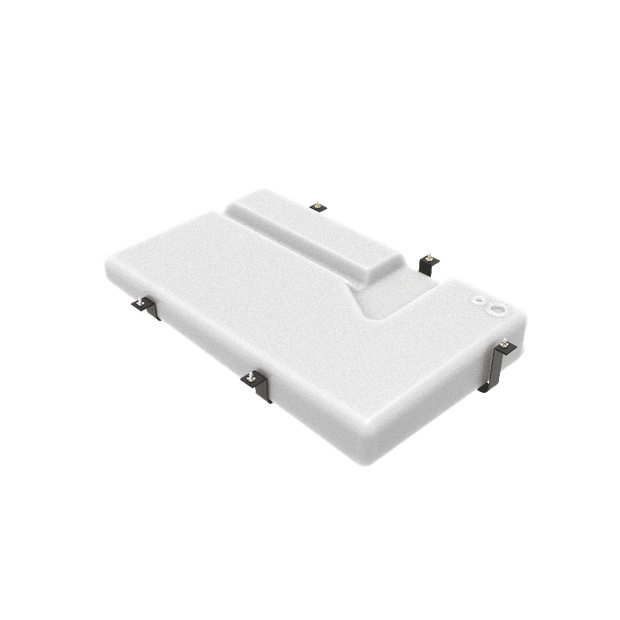 White rectangular water tank with multiple connection points, designed for undercarriage mounting on a vehicle.