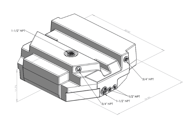 Technical drawing of a 35 Gallon Spare Tire Replacement Fresh/Grey Water Tank 2007-2025 Mercedes Sprinter 144