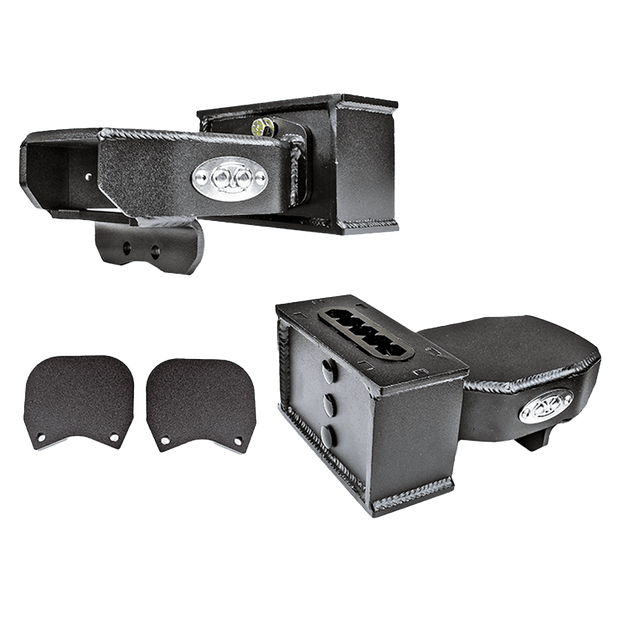 A set of black metal lift blocks and adjustable bump stop pads designed for use with vehicles' airbag systems.