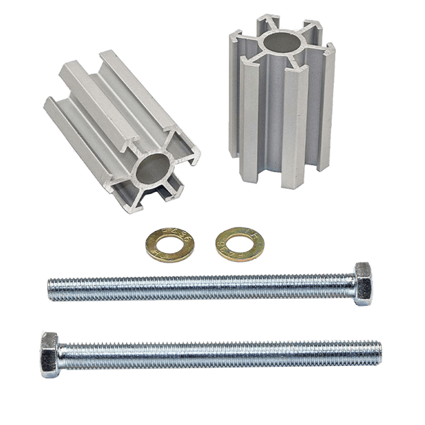 A set of silver-colored aluminum bump stop relocation brackets along with longer bolts for installation.