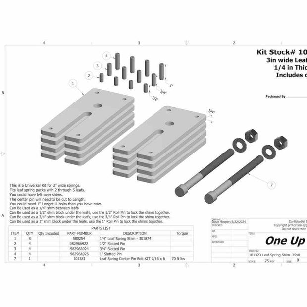 Diagram of an S&B Leaf Spring Shim Kit, 8 Qty 1/4" Shims