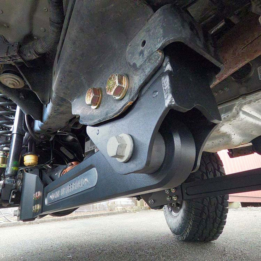 Close up of a A set of a black S&B Radius Arm Drop - 2005-2022 Super Duty 2.5
