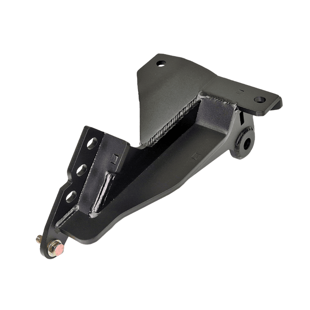 A black steel track rod relocation bracket of 1.5-2.5" Lift designed for 2011+ Ford Super Duty 4x4 trucks.