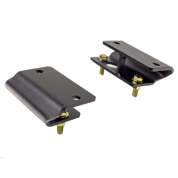 A pair of black sway bar relocation brackets with gold-colored hardware.