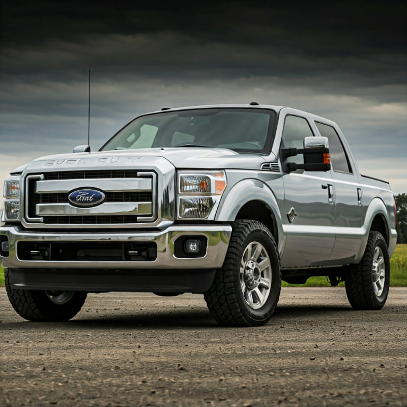 A silver Ford F-250 Super Duty truck on a road with a dark sky in the background.