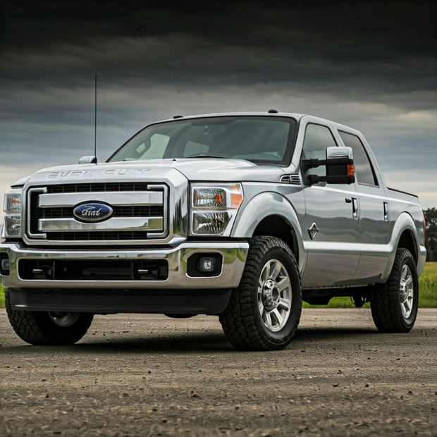 A silver Ford F-250 Super Duty truck on a road with a dark sky in the background.