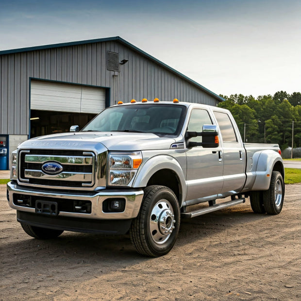 A silver Ford F450 truck parked in front of a building with a workshop or garage interior.