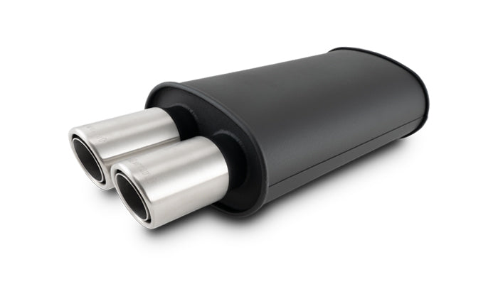 Vibrant - 12311- STREETPOWER FLAT BLACK Oval Muffler With Dual 304SS Brushed Tips; Inlet ID: 3.00 In. Tip OD: 3.00 In.; Muffler Body Size: 9 InW X 5 InH X 15 InL; Tip Location: Center Of End Cap