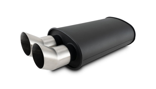 Vibrant - 12330- STREETPOWER FLAT BLACK Oval Muffler With Dual 304SS Brushed Tips; Inlet ID: 2.50 In. Tip OD: 3.00 In.; Muffler Body Size: 9 InW X 5 InH X 15 InL; Tip Location: Center Of End Cap