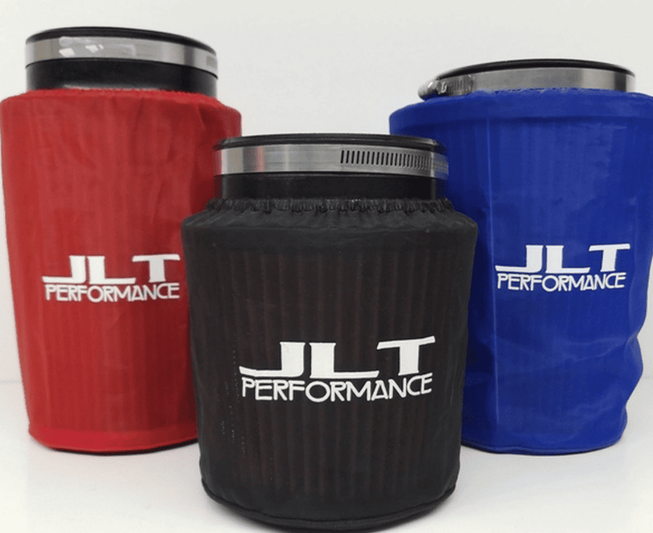 Three air filter wraps in red, black, and blue colors with 'JLT Performance' branding on each.
