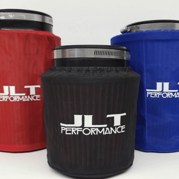 Three air filter wraps in red, black, and blue colors with 'JLT Performance' branding on each.
