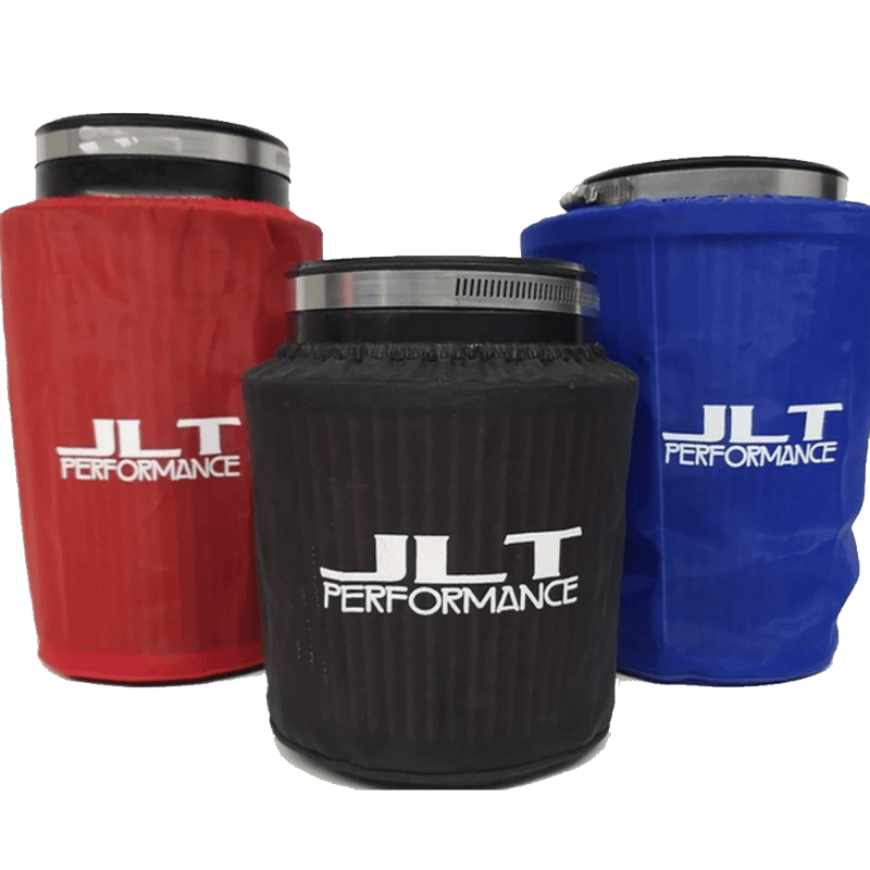 Three air filter wraps in red, black, and blue colors with the JLT Performance logo on each.