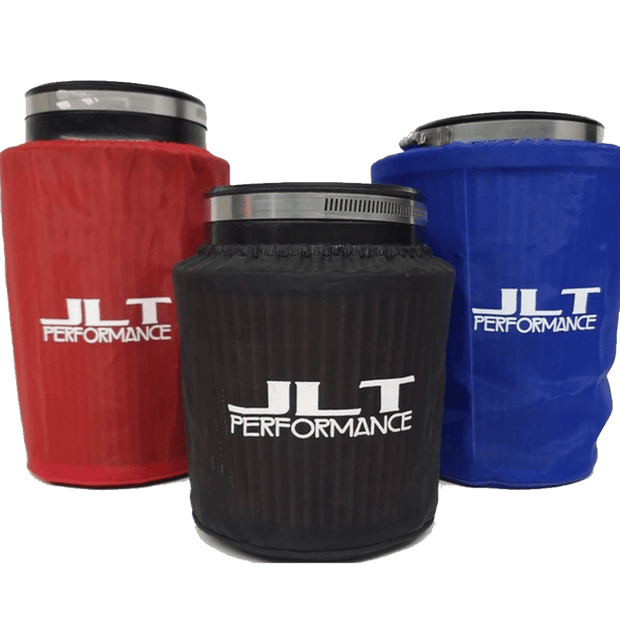 Three air filter wraps in red, black, and blue colors with the JLT Performance logo on each.
