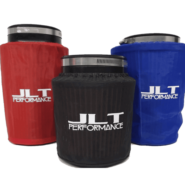 Three air filter wraps in red, blue, and black colors with the JLT Performance logo on each.