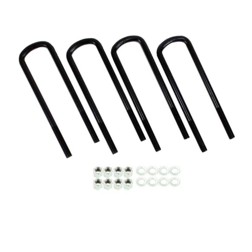 A set of four black S&B  Thread U-Bolt Kit with accompanying washers and nuts laid out on a white background.