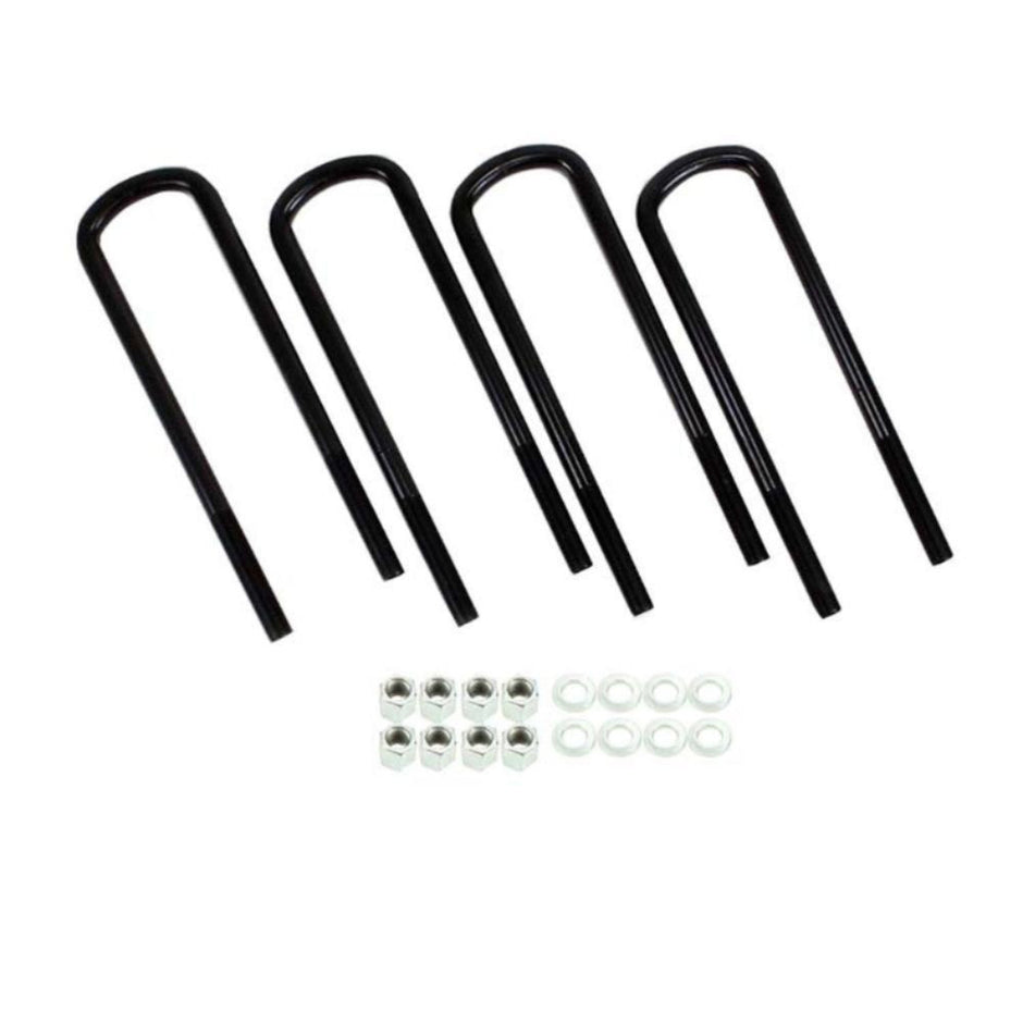 A set of four black S&B  Thread U-Bolt Kit with accompanying washers and nuts laid out on a white background.