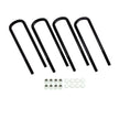 A set of four black S&B  Thread U-Bolt Kit with accompanying washers and nuts laid out on a white background.