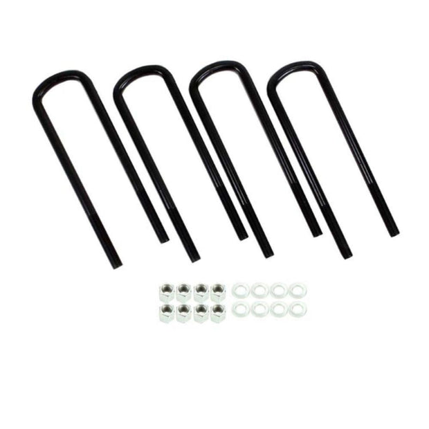 A set of four black S&B  Thread U-Bolt Kit with accompanying washers and nuts laid out on a white background.