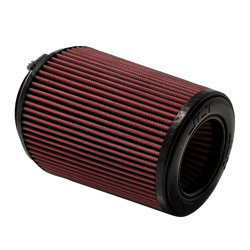 Red air filter JLT Intake Replacement Filter - S&B with black outer rim on a white background