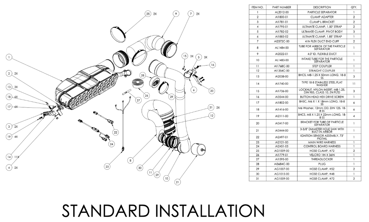 Technical diagram of a mechanical installation with parts labeled and a list on the right.