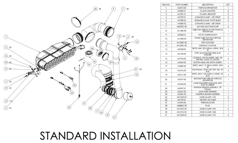 Technical diagram of a mechanical installation with parts labeled and a list on the right.