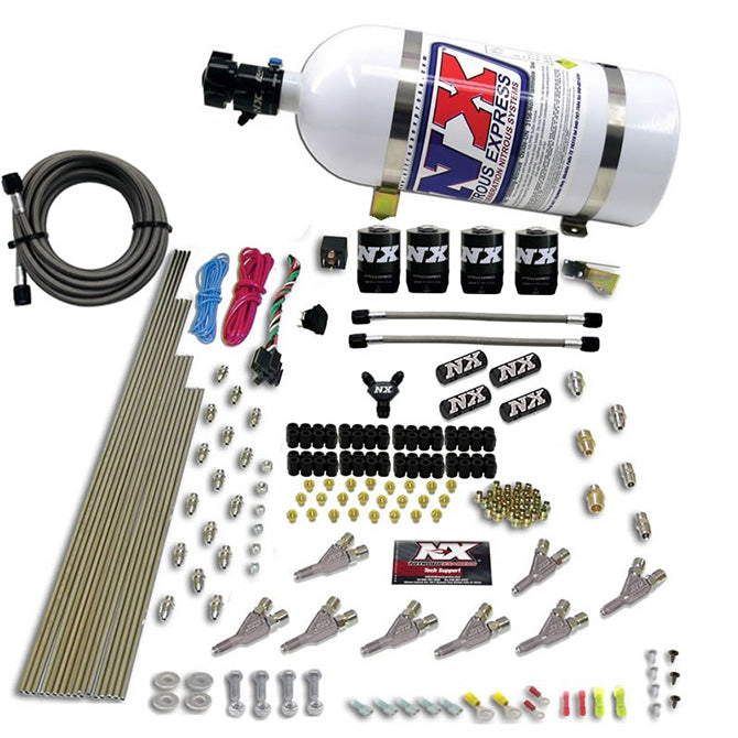 Nitrous Express - STD NOZZLE SYSTEM (200-500HP) GAS W/ DIST. BLOCK & 4 SOLENOIDS WITH 10LB BOTTLE - 80018-10