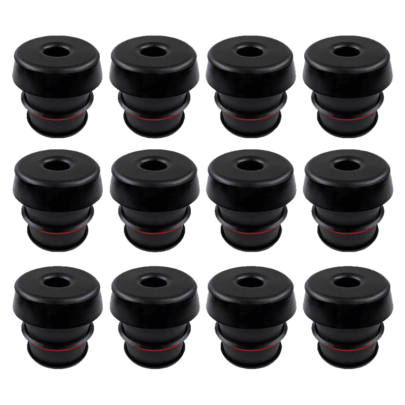 Multiple black body mounts with red accents arranged in a grid on a black background.