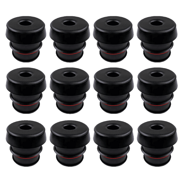 Multiple black body mounts with red accents arranged in a grid on a black background.