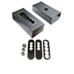 A set of black billet steel, 2.5 degree lift block kit including screws, pin nuts, pin plates, and hex pin plates.