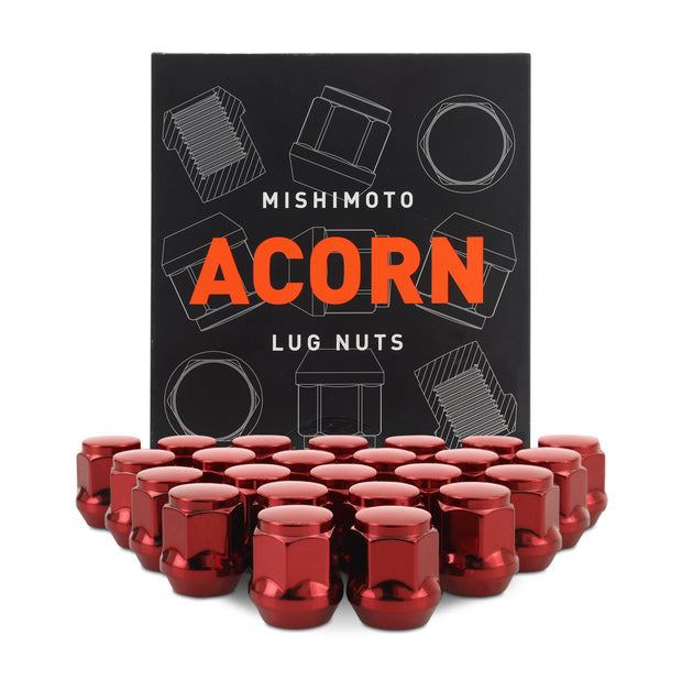 Mishimoto MMLG-AC1415-24RD Steel Lug Nuts  Red  M14x1.5  Acorn Seat  24pc Set