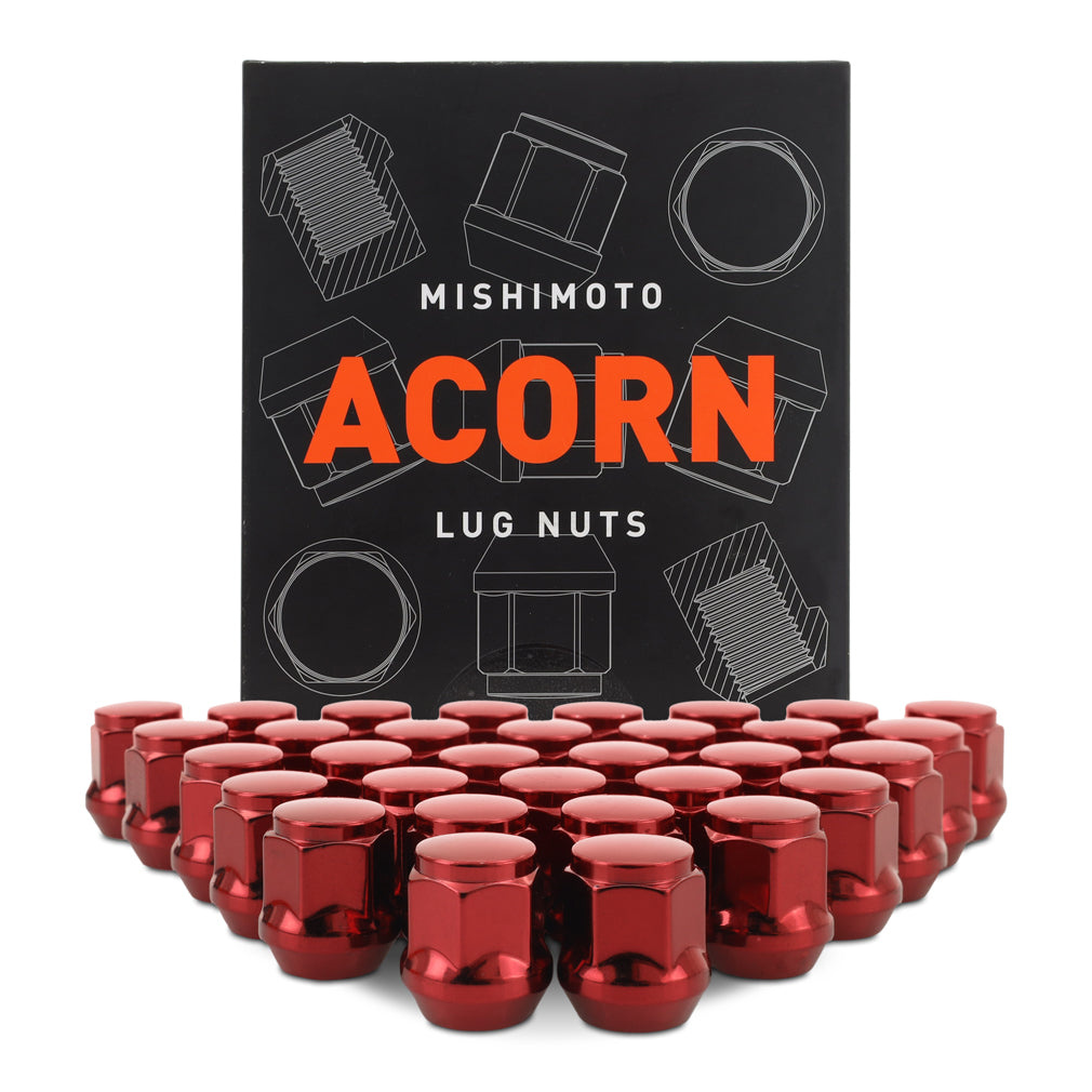Mishimoto MMLG-AC1415-32RD Steel Lug Nuts  Red  M14x1.5  Acorn Seat  32pc Set