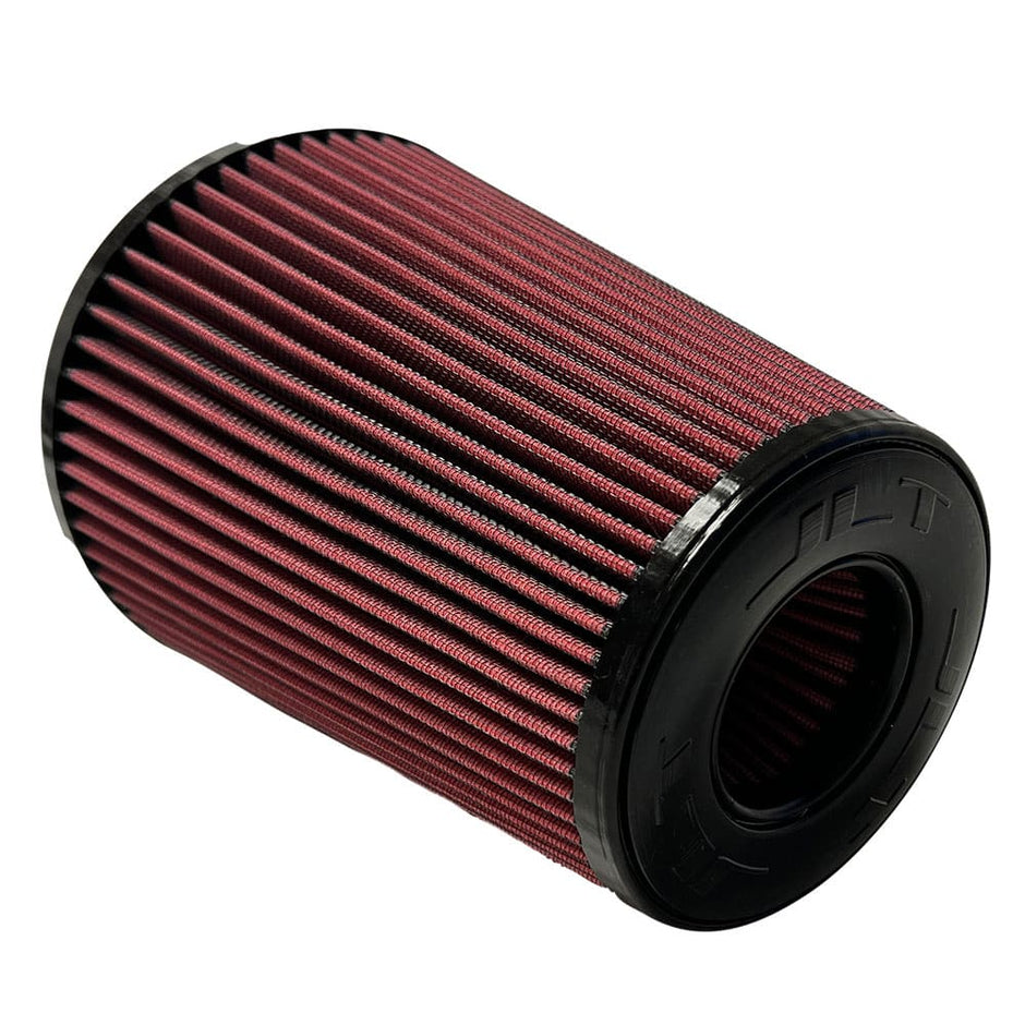 A red Cotton Cleanable
 JLT Intake Replacement Filter 6" x 9" NS with a black top designed for a vehicle intake system.