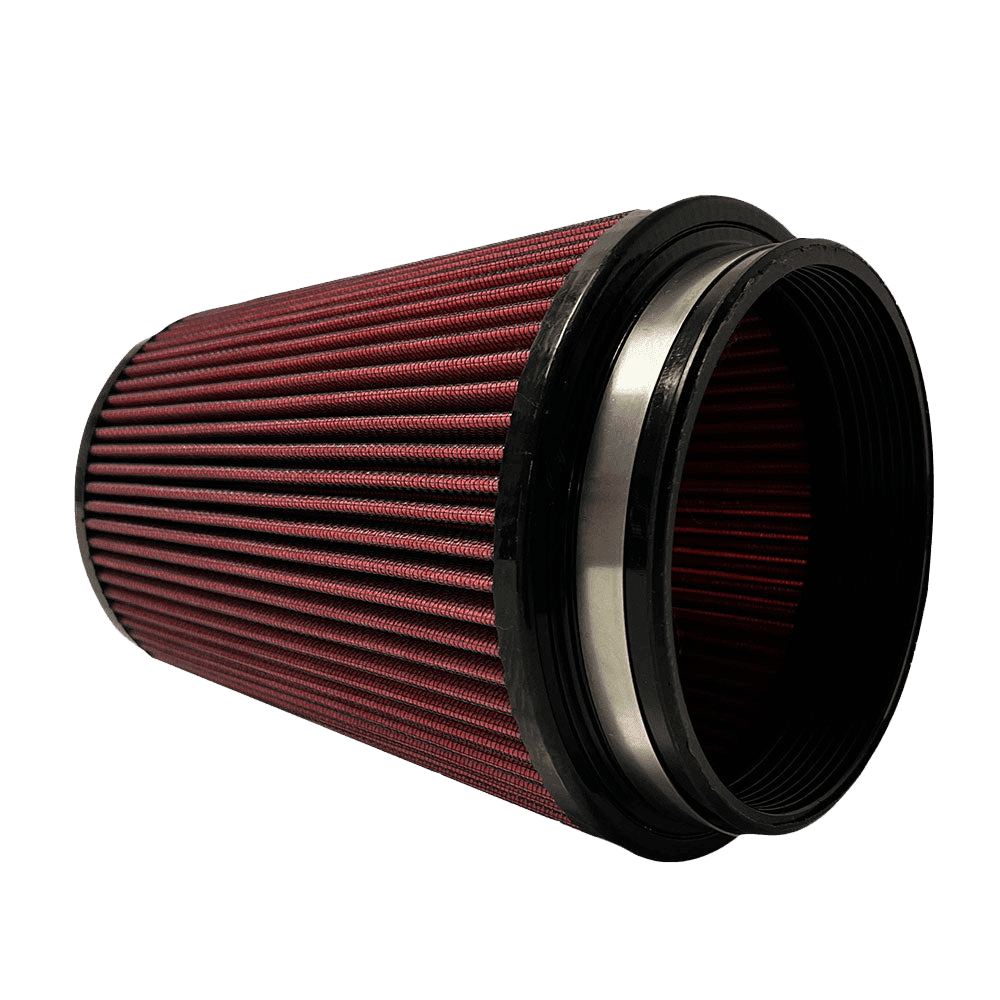 Red air filter JLT Intake Replacement Filter - S&B with black outer rim on a white background