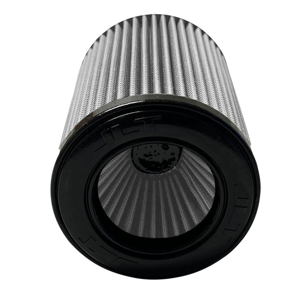 A white Dry extendable JLT Intake Replacement Filter 3.5" x 8"with a black top and bottom, designed for a car's intake system.