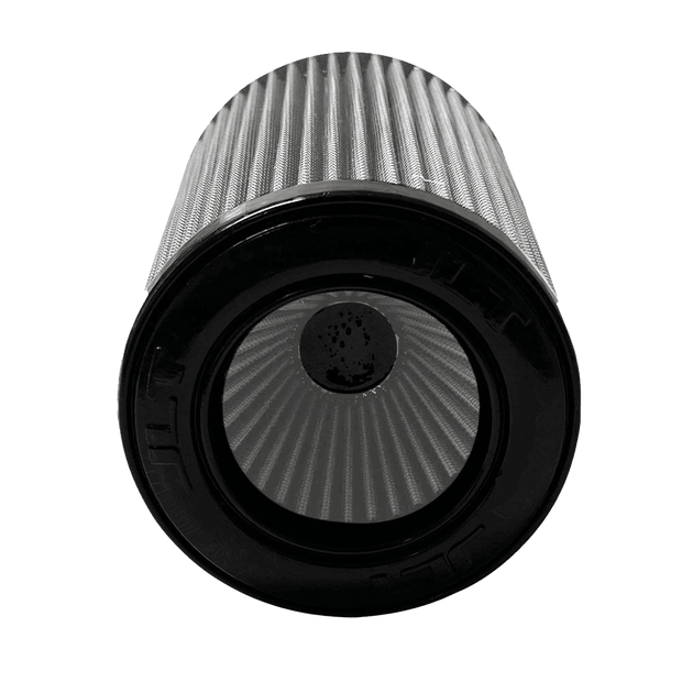 A white Dry extendable JLT Intake Replacement Filter 4" x 9" with a black top and bottom, designed for a car's intake system.