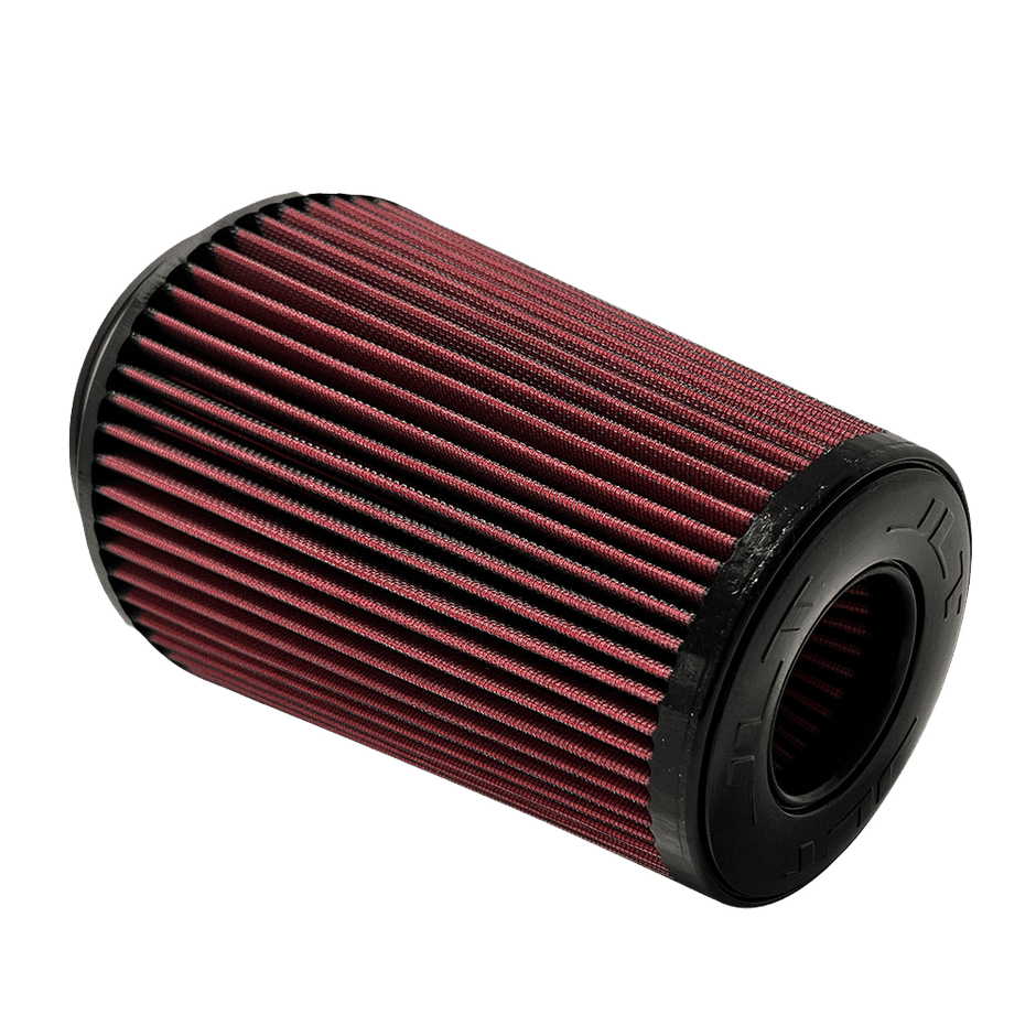 A red air filter JLT Intake Replacement Filter 6" X 9" with a black top and bottom.