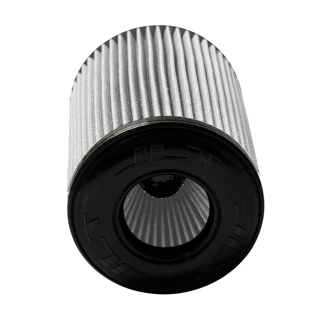 A white Dry Extendable  JLT Intake Replacement Filter 6" x 9" NS with a black top designed for a vehicle intake system.