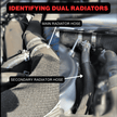 Illustration of dual radiator hoses with labels to identify each one on a mechanical background.